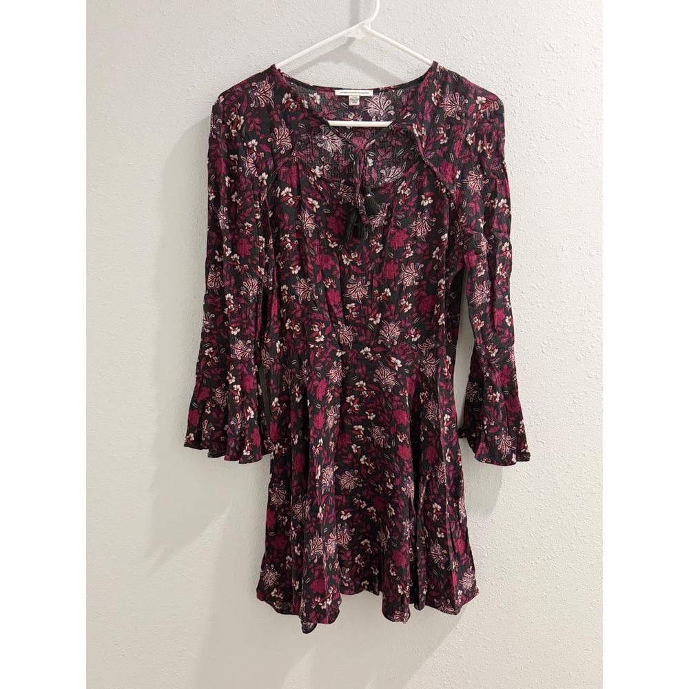 American Eagle Floral Paisley Mini Dress Long Bell Sleeve Tassel Burgundy Large
